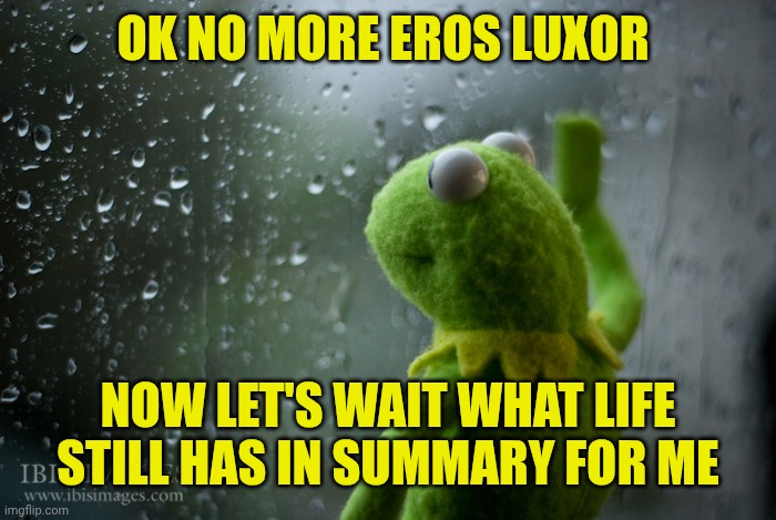 Kermit the frog rainy day | OK NO MORE EROS LUXOR; NOW LET'S WAIT WHAT LIFE STILL HAS IN SUMMARY FOR ME | image tagged in kermit the frog rainy day | made w/ Imgflip meme maker