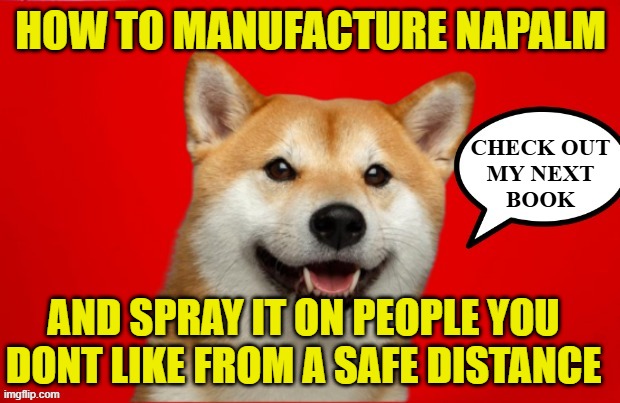 DogePadre Says | HOW TO MANUFACTURE NAPALM CHECK OUT
MY NEXT
BOOK AND SPRAY IT ON PEOPLE YOU DONT LIKE FROM A SAFE DISTANCE | image tagged in dogepadre says | made w/ Imgflip meme maker