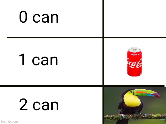 Toucan | 0 can; 1 can; 2 can | image tagged in blank white template,toucan,birds,puns,coca cola,wordplay | made w/ Imgflip meme maker