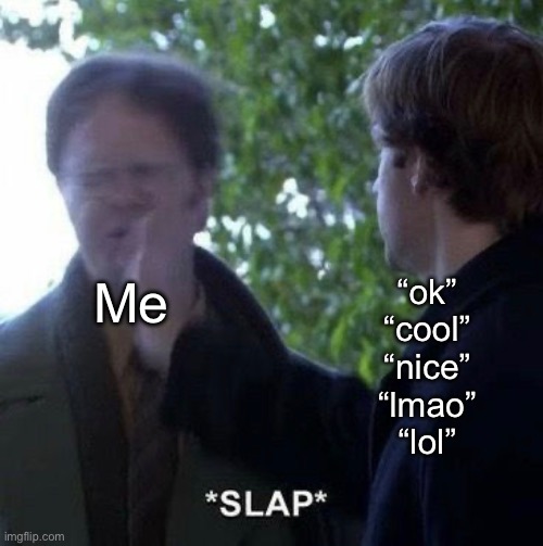Especially if they say it after i typed a long fucking paragraph | “ok”
“cool”
“nice”
“lmao”
“lol”; Me | made w/ Imgflip meme maker