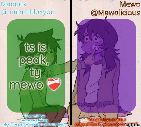 Mewo and Maddox deltarune shared temp | ts is peak, 
ty mewo ❤️‍🩹 | image tagged in mewo and maddox deltarune shared temp | made w/ Imgflip meme maker