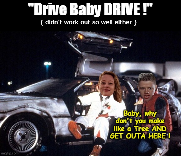 Classic Biff "Wife" | "Drive Baby DRIVE !"; ( didn't work out so well either ); Baby, why don't you make like a Tree AND GET OUTA HERE ! | image tagged in make like a tree renee good meme | made w/ Imgflip meme maker