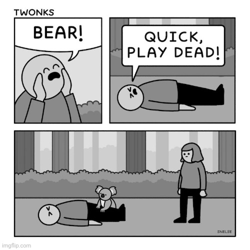 Not a bear | image tagged in false alarm,bear,play dead,bears,comics,comics/cartoons | made w/ Imgflip meme maker