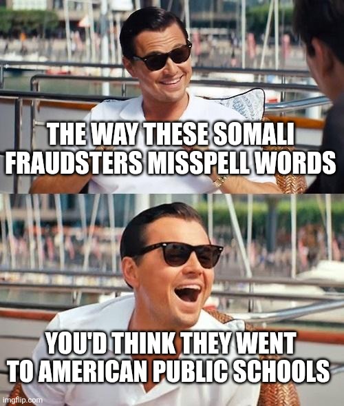 Leonardo Dicaprio Wolf Of Wall Street Meme | THE WAY THESE SOMALI FRAUDSTERS MISSPELL WORDS; YOU'D THINK THEY WENT TO AMERICAN PUBLIC SCHOOLS | image tagged in memes,leonardo dicaprio wolf of wall street | made w/ Imgflip meme maker