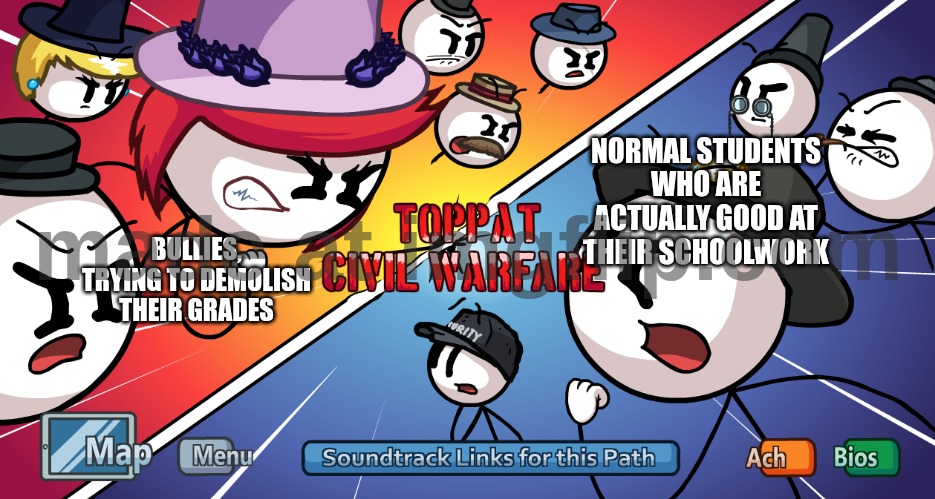 School- err, I mean prison time. | NORMAL STUDENTS WHO ARE ACTUALLY GOOD AT THEIR SCHOOLWORK; BULLIES, TRYING TO DEMOLISH THEIR GRADES | image tagged in toppat civil warfare,school | made w/ Imgflip meme maker