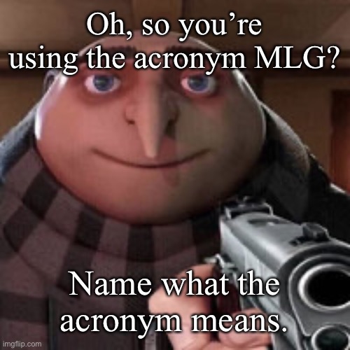 Oh so you like X? Name every Y. | Oh, so you’re using the acronym MLG? Name what the acronym means. | image tagged in oh so you like x name every y | made w/ Imgflip meme maker
