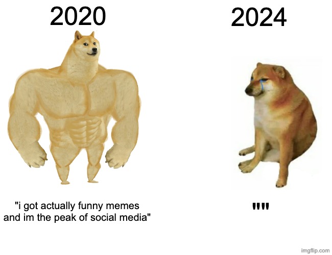 ah yes, 2020 vs 2024 | 2020; 2024; "i got actually funny memes and im the peak of social media"; "" | image tagged in memes,buff doge vs cheems | made w/ Imgflip meme maker