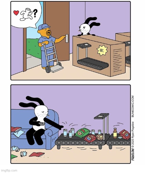 Buni Comics | image tagged in comics,buni comics,treadmill,food holder | made w/ Imgflip meme maker