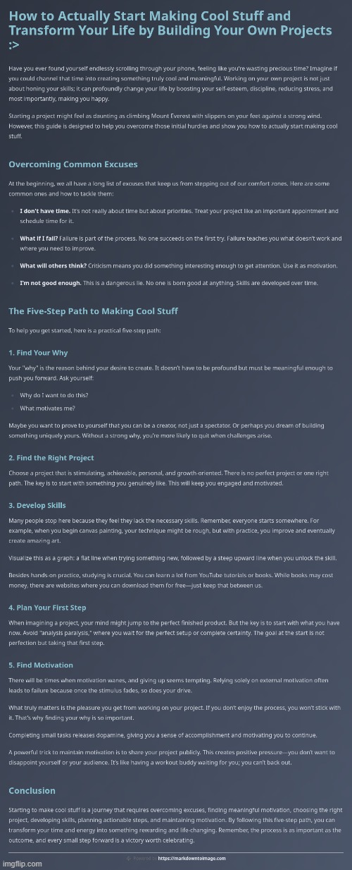 How To Start Making Cool Stuff :> | image tagged in simothefinlandized,making cool stuff,infographics,tutorial | made w/ Imgflip meme maker