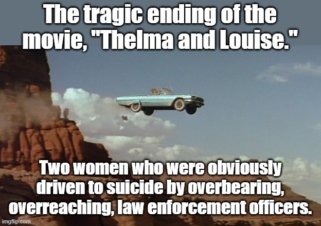 Any connection to today's headlines are purely coincedental. | The tragic ending of the movie, "Thelma and Louise."; Two women who were obviously driven to suicide by overbearing, overreaching, law enforcement officers. | image tagged in politics,political meme | made w/ Imgflip meme maker