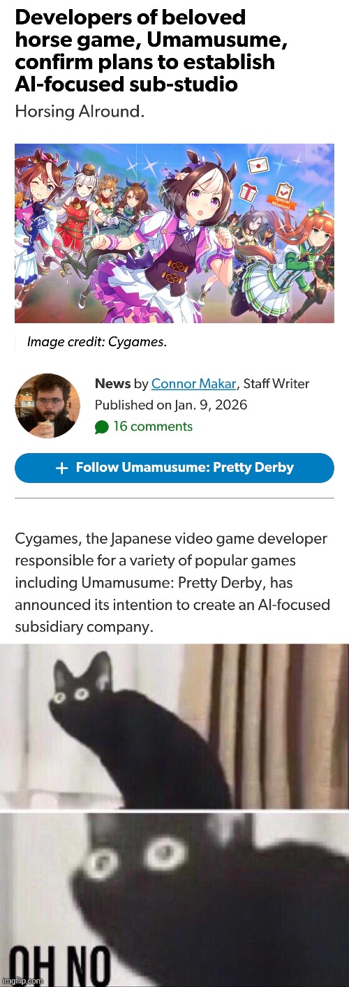 Hopefully something good will happen. | image tagged in oh no cat,umamusume,ai | made w/ Imgflip meme maker