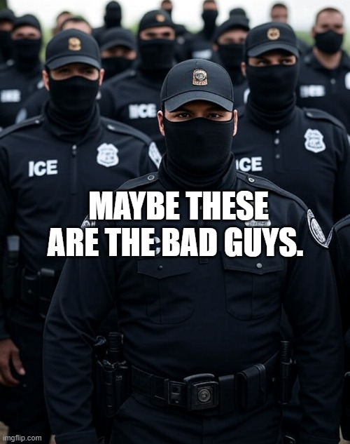Trump ICE agent Secret Police Militia dictatorship | MAYBE THESE ARE THE BAD GUYS. | image tagged in trump ice agent secret police militia dictatorship | made w/ Imgflip meme maker