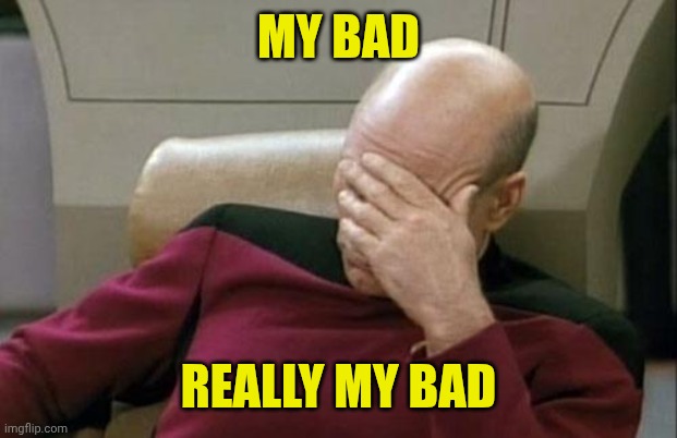 Captain Picard Facepalm Meme | MY BAD; REALLY MY BAD | image tagged in memes,captain picard facepalm | made w/ Imgflip meme maker