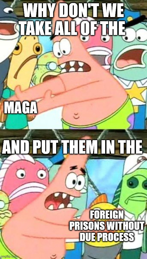 Do unto others, as you would have them do unto you. | WHY DON'T WE TAKE ALL OF THE; MAGA; AND PUT THEM IN THE; FOREIGN PRISONS WITHOUT DUE PROCESS | image tagged in memes,put it somewhere else patrick,maga,prison,donald trump | made w/ Imgflip meme maker