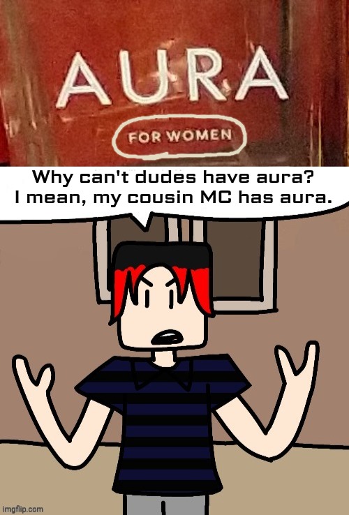 William complaining about the aura being labeled "for women". | Why can't dudes have aura?
I mean, my cousin MC has aura. | image tagged in william,pointlesslygendered,aura,pointlessly gendered | made w/ Imgflip meme maker