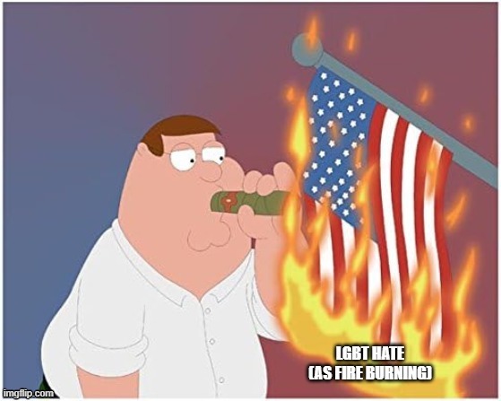 Anti-LGBTQ is highly un-american | image tagged in lighting a cigar on a burning flag,cartoon,transphobic,family guy,homophobic | made w/ Imgflip meme maker