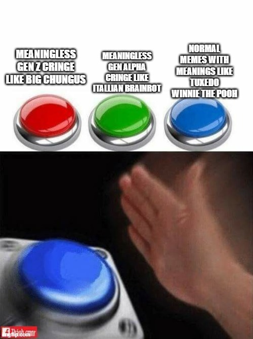 both red and green buttons are cringe and meaningless | NORMAL MEMES WITH MEANINGS LIKE TUXEDO WINNIE THE POOH; MEANINGLESS GEN Z CRINGE LIKE BIG CHUNGUS; MEANINGLESS GEN ALPHA CRINGE LIKE ITALLIAN BRAINROT | image tagged in three buttons,cringe,memes,funny,true | made w/ Imgflip meme maker