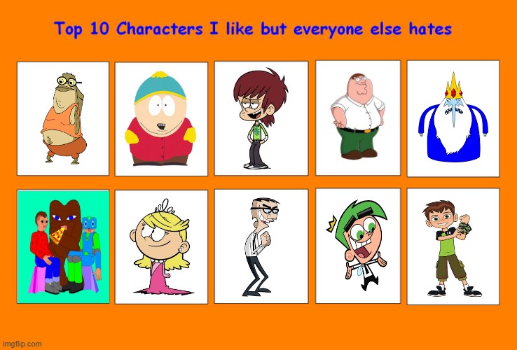 top 10 characters i like but everyone else hates | image tagged in top 10 characters i like/love but everyone else hates,like,love,character,characters,top 10 | made w/ Imgflip meme maker