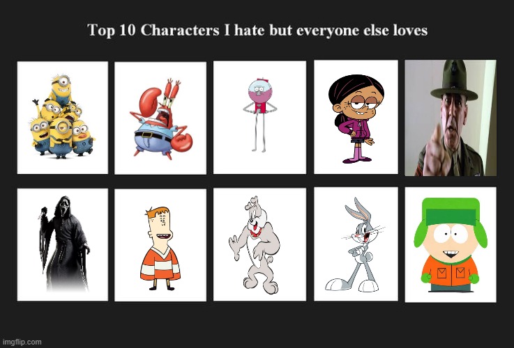top 10 characters i hate but everyone else likes/loves | image tagged in top 10 characters i hate but everyone else likes/loves,hate,character,characters,top 10,top ten | made w/ Imgflip meme maker