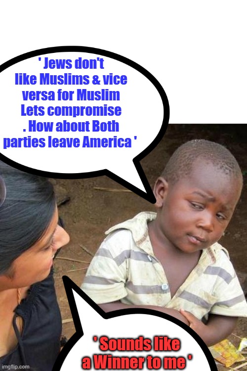 Makes perfect sense , dems & rinos will hate it . US citizens are no longer their priority | ' Jews don't like Muslims & vice versa for Muslim Lets compromise . How about Both parties leave America '; ' Sounds like a Winner to me ' | image tagged in memes,third world skeptical kid | made w/ Imgflip meme maker