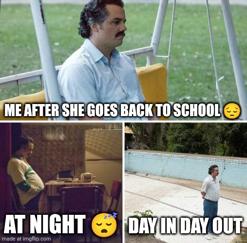 Sad Pablo Escobar | ME AFTER SHE GOES BACK TO SCHOOL 😔; AT NIGHT 😴; DAY IN DAY OUT | image tagged in memes,sad pablo escobar | made w/ Imgflip meme maker