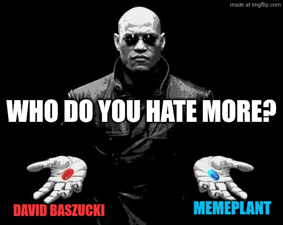 AI moderation or hate train? | WHO DO YOU HATE MORE? MEMEPLANT; DAVID BASZUCKI | image tagged in matrix morpheus offer,roblox | made w/ Imgflip meme maker