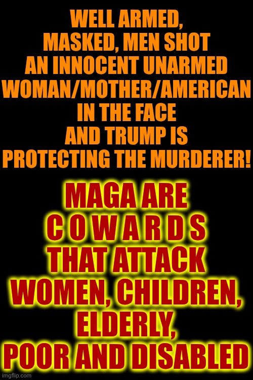 MAGA ARE C. O. W. A. R. D. S. | WELL ARMED, MASKED, MEN SHOT AN INNOCENT UNARMED WOMAN/MOTHER/AMERICAN
IN THE FACE
AND TRUMP IS PROTECTING THE MURDERER! MAGA ARE
C O W A R D S
THAT ATTACK WOMEN, CHILDREN, ELDERLY, POOR AND DISABLED | image tagged in memes,cowards,trump unfit unqualified dangerous,terrorists,lock him up,impeach trump | made w/ Imgflip meme maker