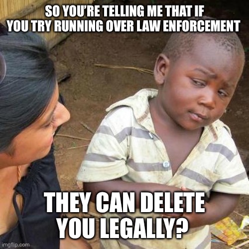 Liberal White Women | SO YOU’RE TELLING ME THAT IF YOU TRY RUNNING OVER LAW ENFORCEMENT; THEY CAN DELETE YOU LEGALLY? | image tagged in memes,third world skeptical kid | made w/ Imgflip meme maker