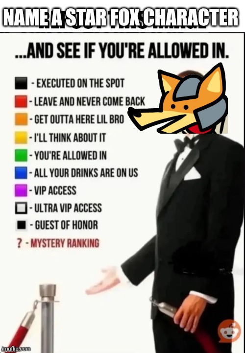 :/ | NAME A STAR FOX CHARACTER | image tagged in repost this image and see if you re allowed in | made w/ Imgflip meme maker