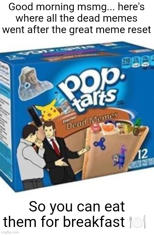 Good morning msmg... here's where all the dead memes went after the great meme reset; So you can eat them for breakfast 🍽 | image tagged in memes,pop tarts,dead memes,breakfast,msmg,yummy | made w/ Imgflip meme maker