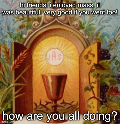 hi friends! i enjoyed mass. it was beautiful. very good if you went too! how are you all doing? | made w/ Imgflip meme maker