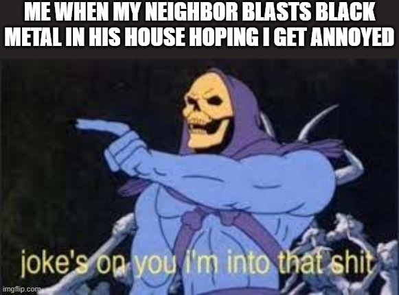 there is a metal stream in imgflip if you didn't know | ME WHEN MY NEIGHBOR BLASTS BLACK METAL IN HIS HOUSE HOPING I GET ANNOYED | image tagged in jokes on you im into that shit,skeletor,black metal,memes,funny,metal | made w/ Imgflip meme maker