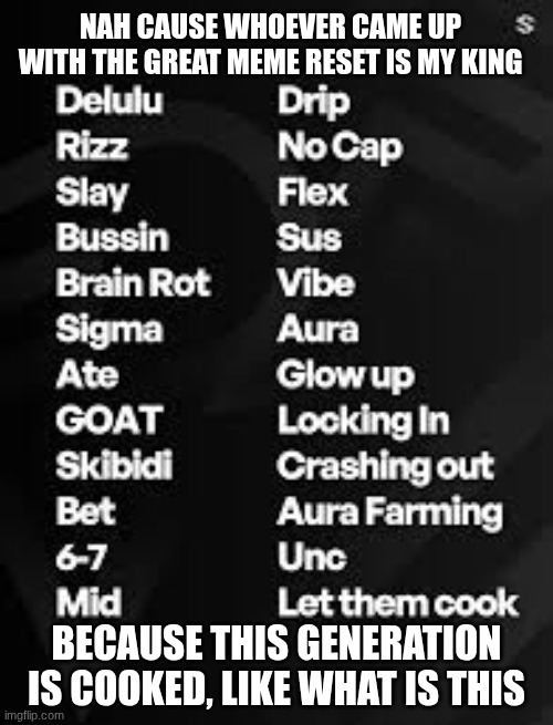 this generation is cooked | NAH CAUSE WHOEVER CAME UP WITH THE GREAT MEME RESET IS MY KING; BECAUSE THIS GENERATION IS COOKED, LIKE WHAT IS THIS | image tagged in brainrot | made w/ Imgflip meme maker