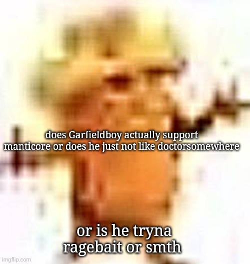 the lowrax | does Garfieldboy actually support manticore or does he just not like doctorsomewhere; or is he tryna ragebait or smth | image tagged in the lowrax | made w/ Imgflip meme maker