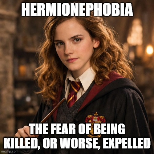 Hermionephobia | HERMIONEPHOBIA; THE FEAR OF BEING KILLED, OR WORSE, EXPELLED | image tagged in the fear of being killed | made w/ Imgflip meme maker
