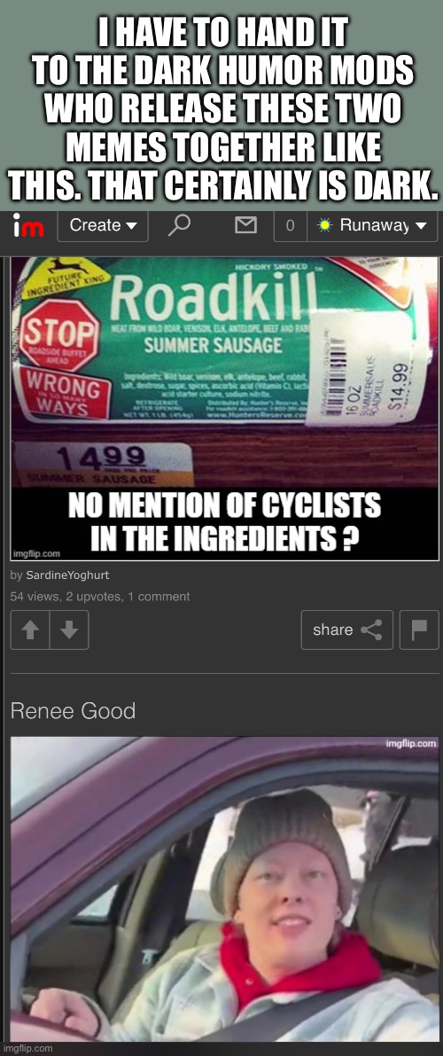 What about … | I HAVE TO HAND IT TO THE DARK HUMOR MODS WHO RELEASE THESE TWO MEMES TOGETHER LIKE THIS. THAT CERTAINLY IS DARK. | image tagged in roadkill,cyclists,renee good,mods,dark humor | made w/ Imgflip meme maker