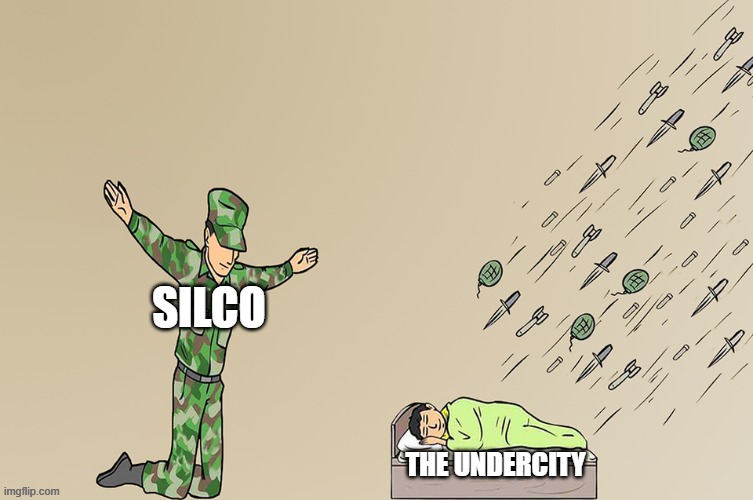 Day 412 of Arcane memes until the next season/series comes out. | SILCO; THE UNDERCITY | image tagged in soldier not protecting child,arcane | made w/ Imgflip meme maker