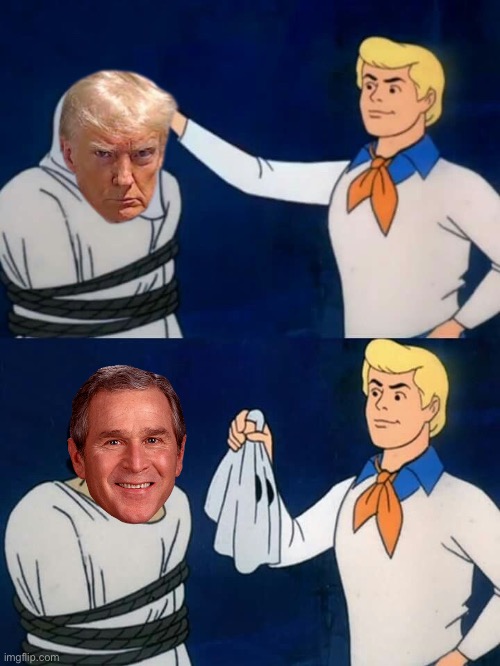 From the “no new wars President” to Bush 2.0 | image tagged in scooby doo mask reveal,donald trump,george bush,venezuela,iraq,greenland | made w/ Imgflip meme maker