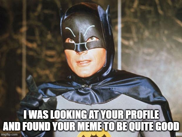 Batman-Adam West | I WAS LOOKING AT YOUR PROFILE AND FOUND YOUR MEME TO BE QUITE GOOD | image tagged in batman-adam west | made w/ Imgflip meme maker