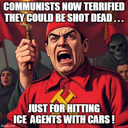 Only in ClownWorld could this atrocity happen! O the horror!! | COMMUNISTS NOW TERRIFIED THEY COULD BE SHOT DEAD . . . JUST FOR HITTING ICE  AGENTS WITH CARS ! | image tagged in commies,shot,leftists terrified | made w/ Imgflip meme maker