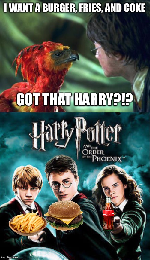 I WANT A BURGER, FRIES, AND COKE GOT THAT HARRY?!? | image tagged in phoenix harry potter,harry potter and the order of the phoenix | made w/ Imgflip meme maker
