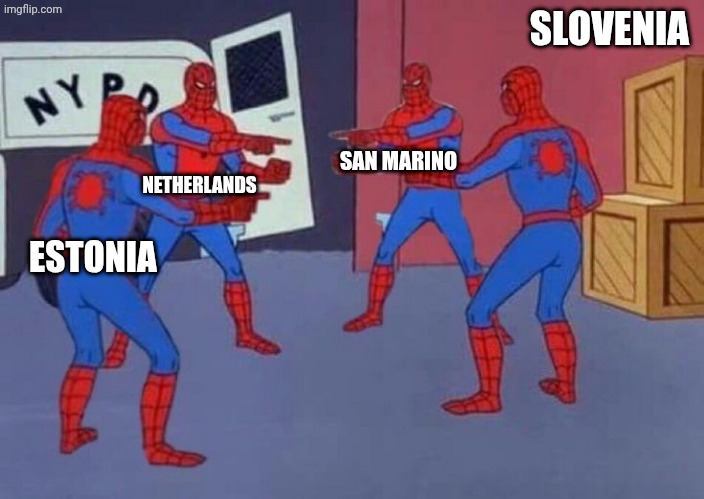 4 Spiderman pointing at each other | ESTONIA NETHERLANDS SAN MARINO SLOVENIA | image tagged in 4 spiderman pointing at each other | made w/ Imgflip meme maker
