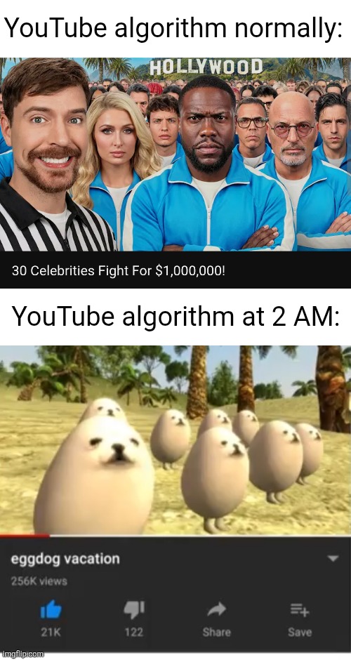 Random aah videos that somehow got 50 million views | YouTube algorithm normally:; YouTube algorithm at 2 AM: | image tagged in blank white template,youtube,so true,algorithm,videos,mr beast | made w/ Imgflip meme maker