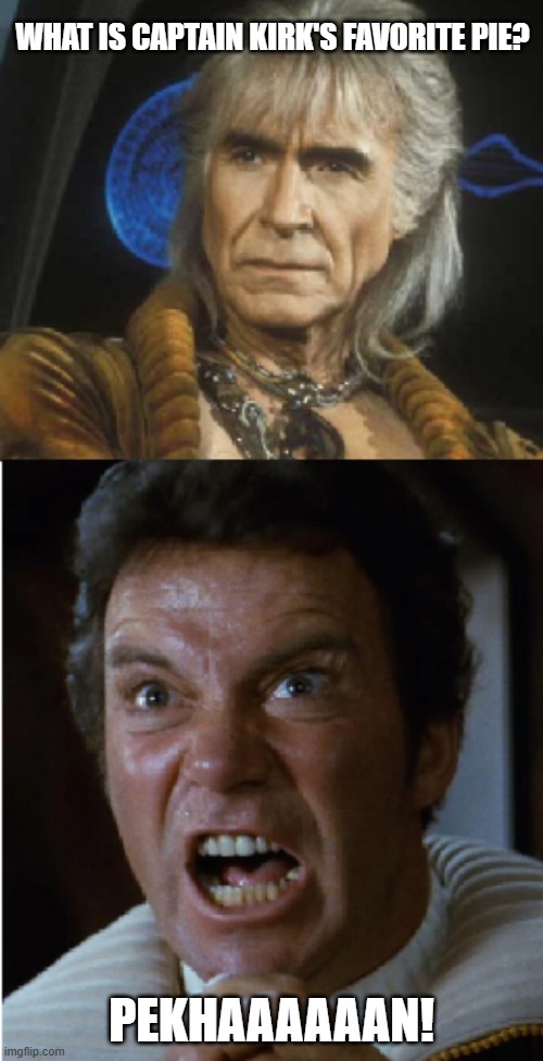 KIRK'S FAVORITE PIE | WHAT IS CAPTAIN KIRK'S FAVORITE PIE? PEKHAAAAAAN! | image tagged in star trek,star trek kirk khan,khan,captain kirk,captain kirk screaming | made w/ Imgflip meme maker