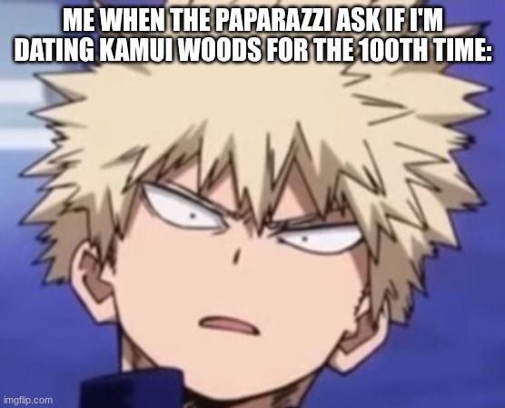 Here's a meme Mt. Lady made in one of my fanfics | ME WHEN THE PAPARAZZI ASK IF I'M DATING KAMUI WOODS FOR THE 100TH TIME: | image tagged in bakugo,mount lady,dating,kamui woods | made w/ Imgflip meme maker
