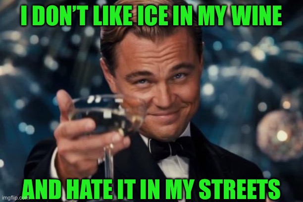 Leonardo Dicaprio Cheers Meme | I DON’T LIKE ICE IN MY WINE; AND HATE IT IN MY STREETS | image tagged in memes,leonardo dicaprio cheers | made w/ Imgflip meme maker