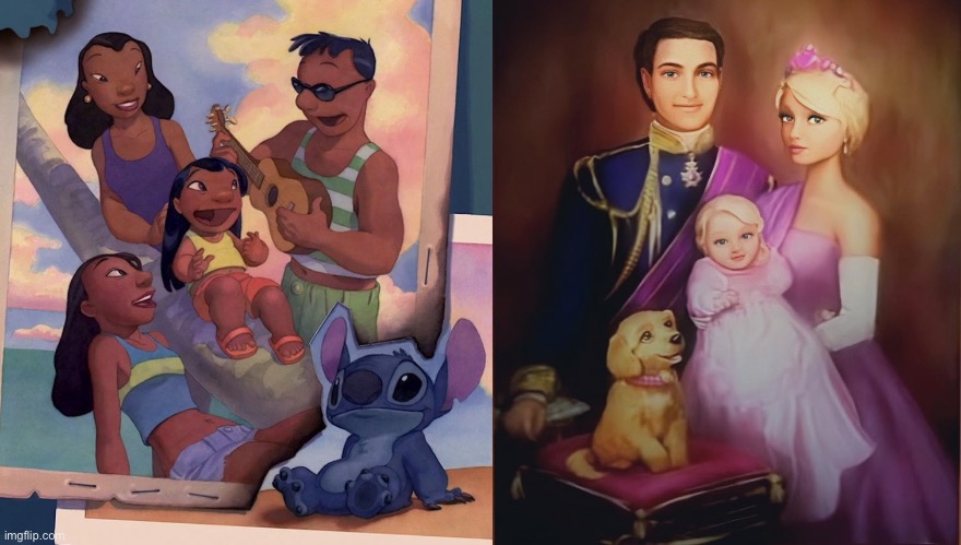 Mom Dad Daughter and a Dog | image tagged in lilo and stitch,barbie,barbie princess charms school,mom and dad,parents,pet dog | made w/ Imgflip meme maker
