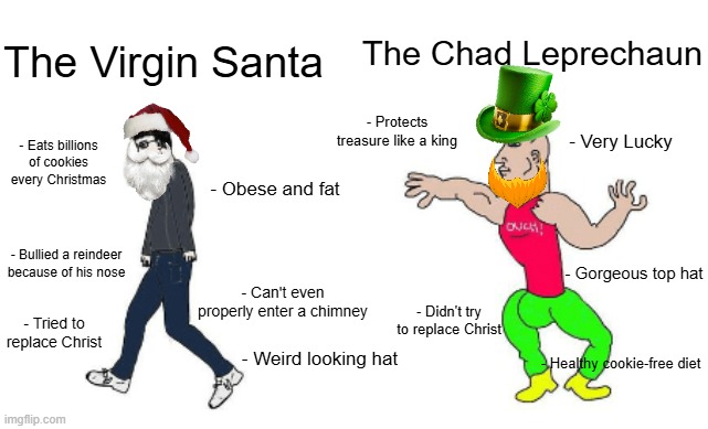 Embodiment of Luck vs The Big Red Fatty | The Virgin Santa; The Chad Leprechaun; - Protects treasure like a king; - Very Lucky; - Eats billions of cookies every Christmas; - Obese and fat; - Bullied a reindeer because of his nose; - Gorgeous top hat; - Can't even properly enter a chimney; - Didn't try to replace Christ; - Tried to replace Christ; - Healthy cookie-free diet; - Weird looking hat | image tagged in virgin vs chad,santa,leprechaun,holidays,christmas,saint patrick's day | made w/ Imgflip meme maker