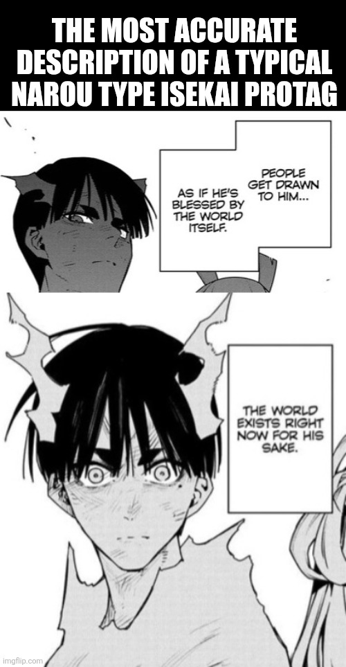 THE MOST ACCURATE DESCRIPTION OF A TYPICAL NAROU TYPE ISEKAI PROTAG | image tagged in memes,isekai,character | made w/ Imgflip meme maker