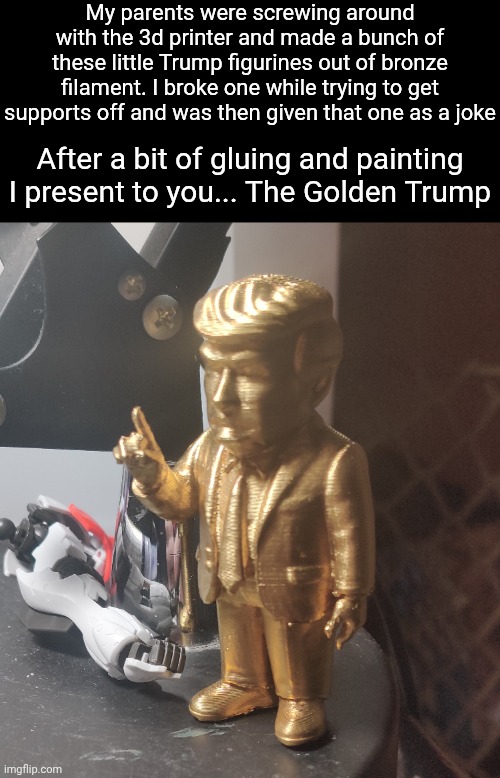 They gave me the broken one so I made it the cool one | My parents were screwing around with the 3d printer and made a bunch of these little Trump figurines out of bronze filament. I broke one while trying to get supports off and was then given that one as a joke; After a bit of gluing and painting I present to you... The Golden Trump | made w/ Imgflip meme maker